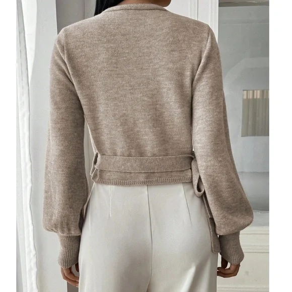 Cozy Solid V neck Wrap Side Tie Knit Cropped Sweater Top - Picture 6 of 7